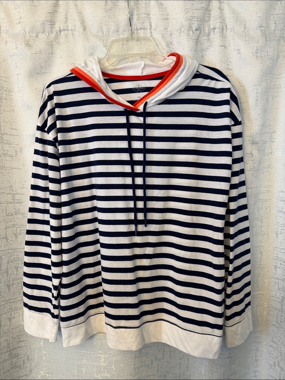 St. John's Bay Navy and White Striped Hooded Pullover with Red Trim